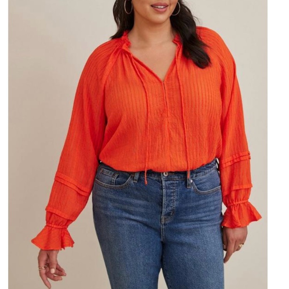 Torrid Orange Stripe Ruffle Crinkle Gauze Peasant Top Size 2X